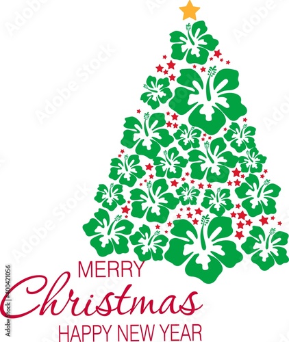 Christmas tree with hibiscus flower. Vector illustration. 