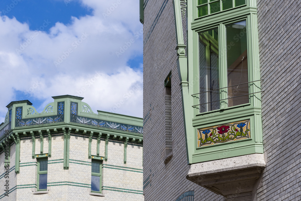 Fototapeta premium Art nouveau tiles on a houses in the Zurenborg neighbourhood, Antwerp, Belgium
