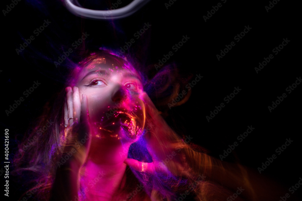 light painting portrait, new art direction, long exposure photo without photoshop, light drawing at long exposure	
