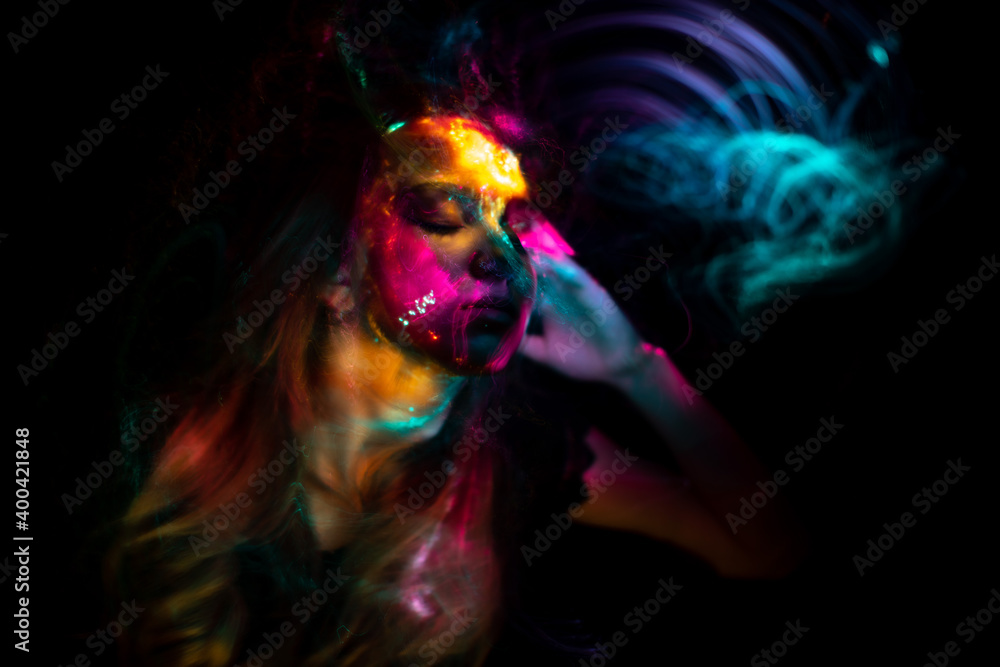 Lucid Dreaming series. Backdrop of human face and colorful fractal clouds on the subject of dreams, mind, spirituality, imagination and inner world Lucid Dreaming series. Backdrop of human face and colorful fractal clouds on the subject of dreams, mind, spirituality, imagination and inner world