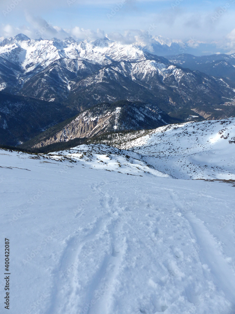 Winter hiking tour to Pleisenspitze mountain, Karwendel, Tyrol, Austria