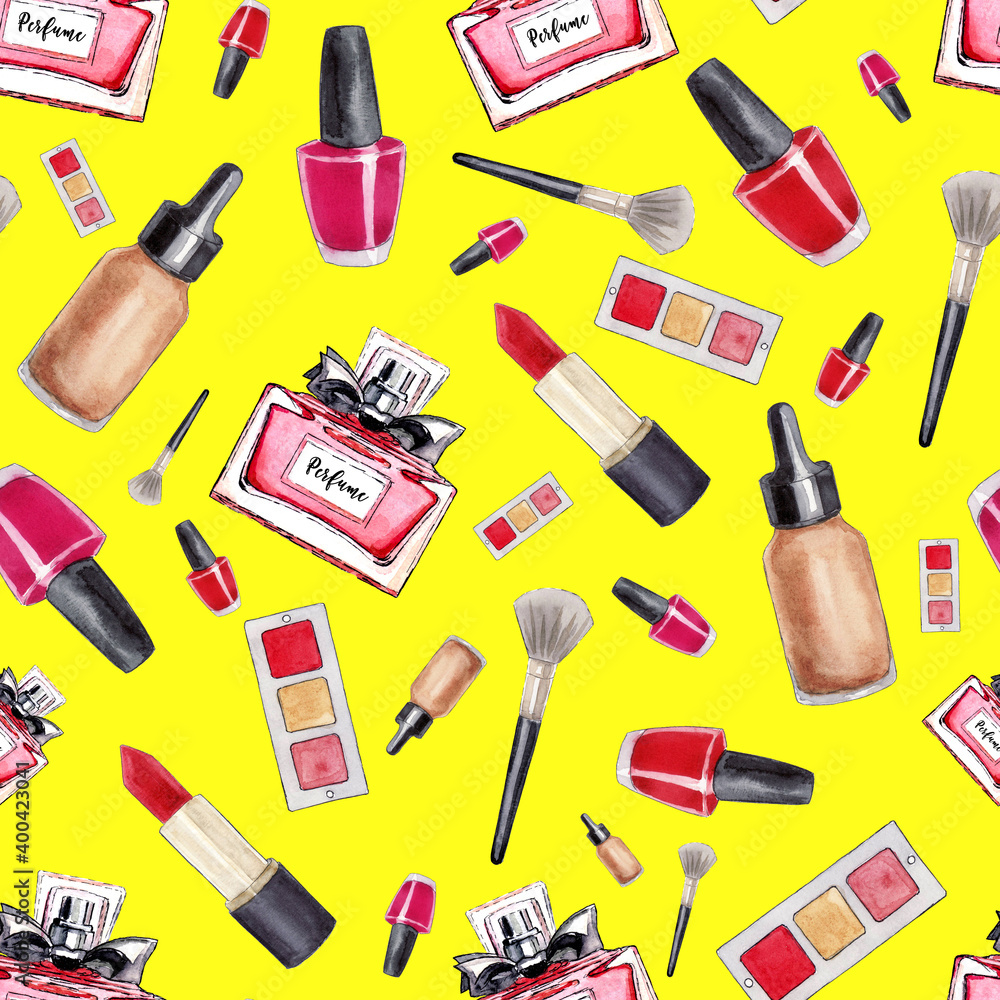 Make Up seamless pattern. Fashion. Glamor accessories. Watercolor pattern with  lipstick, perfume and nail polish on a yellow background