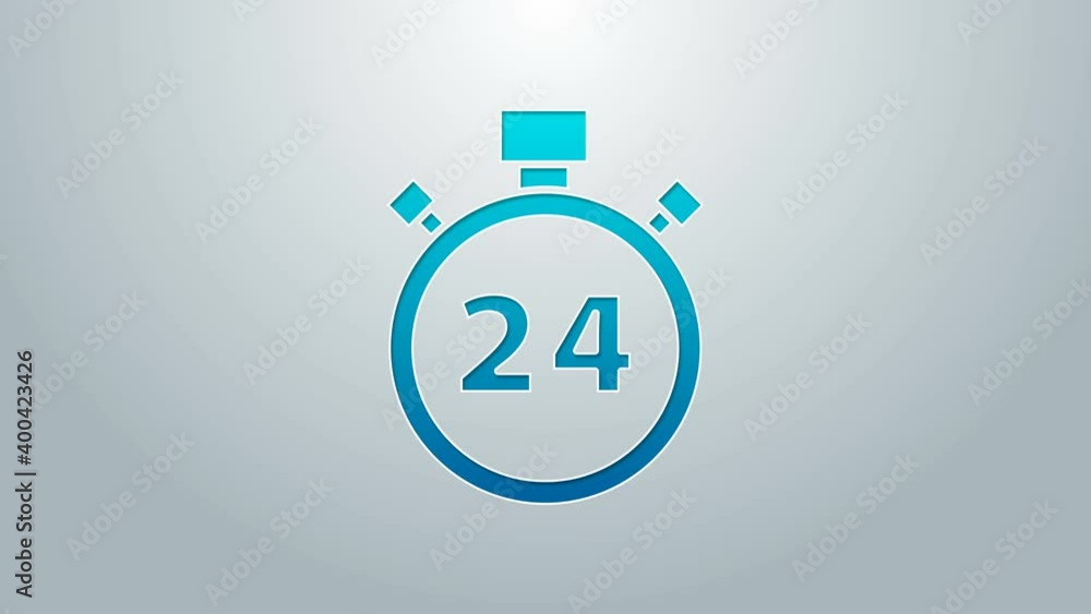Blue line Stopwatch 24 hours icon isolated on grey background. All day cyclic icon. 24 hours service symbol. 4K Video motion graphic animation Blue line Stopwatch 24 hours icon isolated on grey background. All day cyclic icon. 24 hours service symbol. 4K Video motion graphic animation
