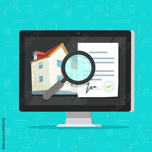 Real estate buying agreement digital online audit review vector, home inspection documents vector, house building architecture examine, quality of property apartment, construction assessment
