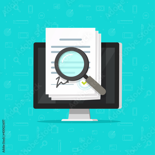 Corporations bylaws online analysis inspection audit, digital agreement contract documents vector on computer pc, compliance statement terms review flat, internet paperwork verification assessment