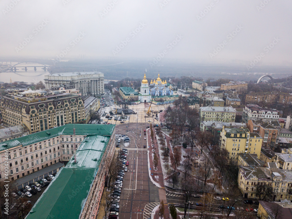 Aerial drone view of the central streets of Kiev. St. Michael's Golden-Domed Monastery on the horizon