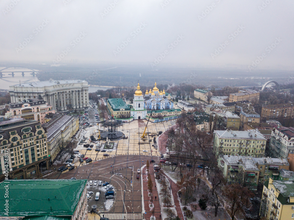 Obraz premium Aerial drone view of the central streets of Kiev. St. Michael's Golden-Domed Monastery on the horizon