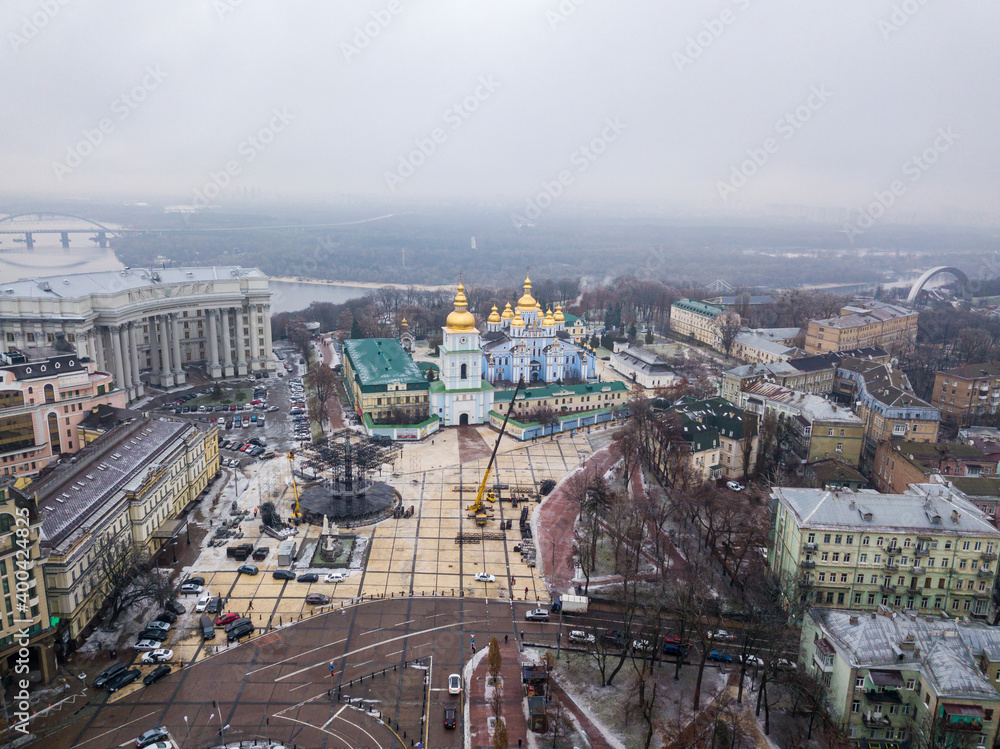 Fototapeta premium Aerial drone view of the central streets of Kiev. St. Michael's Golden-Domed Monastery on the horizon