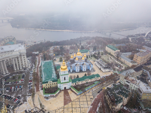 Aerial drone view of the central streets of Kiev. St. Michael's Golden-Domed Monastery on the horizon