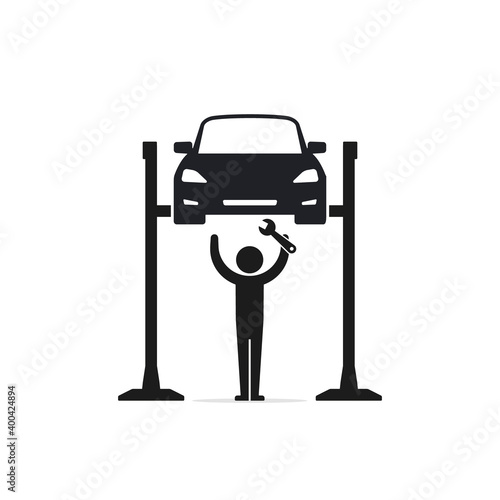 Mechanic repairing a car lifted on auto hoist. Front view. Flat style vector illustration isolated on white background. Car service concept
