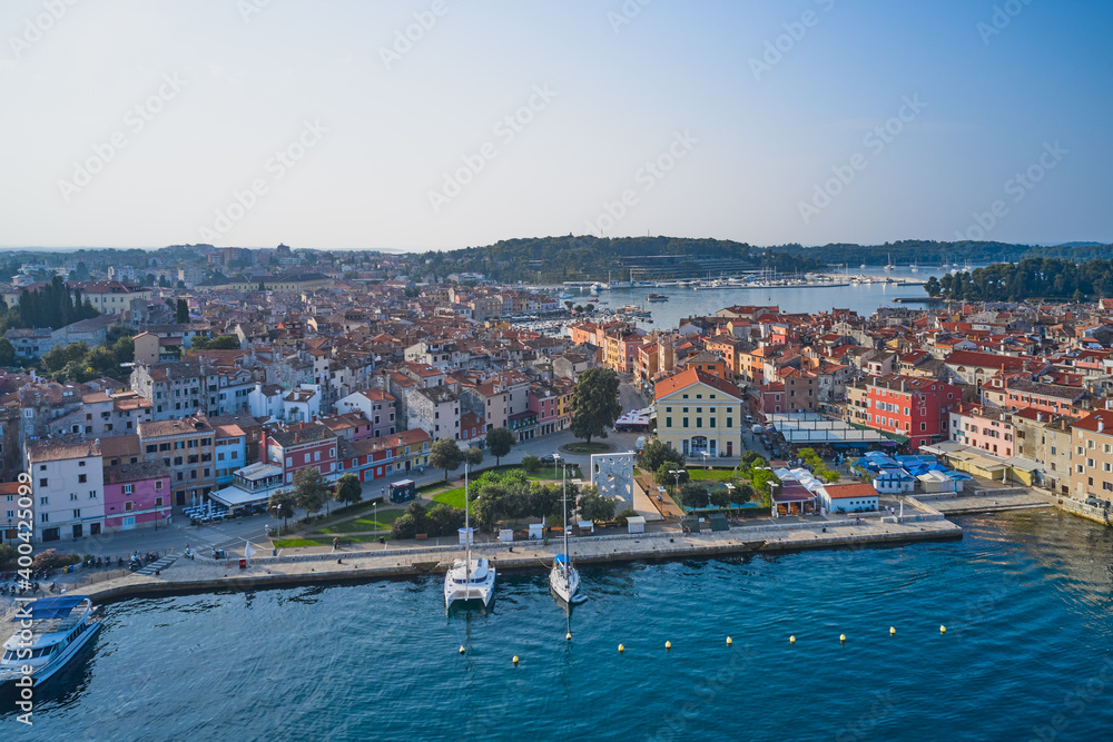 Croatia. a fragment of the old town of rovinj with a view of the embankment equipped with a pier. Shooting from the air.