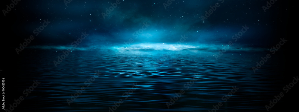 Night fantasy landscape, starry sky. Reflection of moonlight on ice, fog. Dark landscape. Night view of the horizon. 3D illustration.