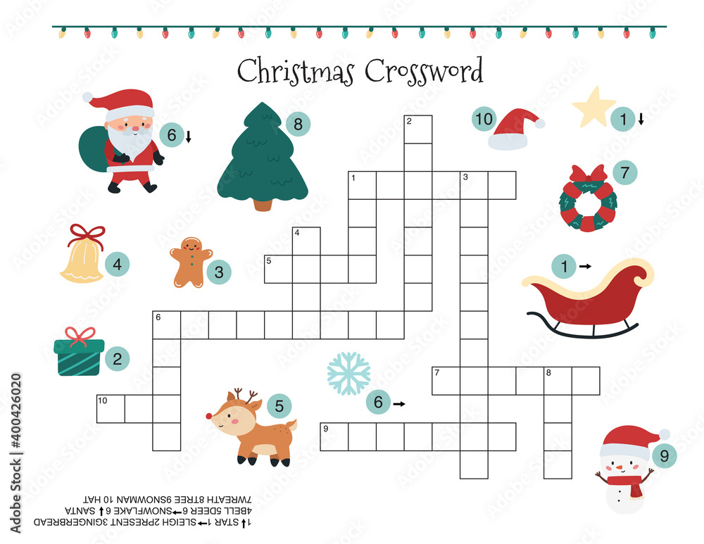 Christmas crossword for children. Learn english words. Happy New year activity worksheet. Cute cartoon characters. Векторный объект Stock