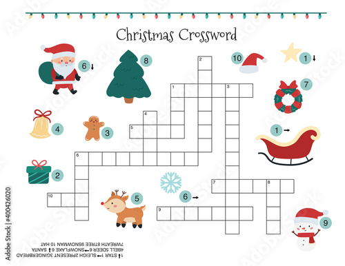 Christmas crossword for children. Learn english words. Happy New year activity worksheet. Cute cartoon characters.