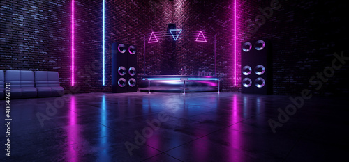 Sci Fi Neon Futuristic Retro Club Seat Chair Room Glowing Rectangle Lasers On Striped Wall Blue Purple Bar Gradient Vibrant Synth Wave Cyber Interior Stage Concrete Cement 3D Rendering