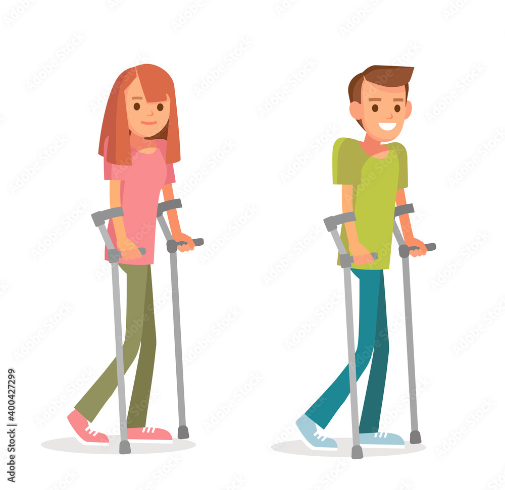 Vector cute young diseased couple man and woman with disabilities walking with on crutches. Disabled people. Sufferer, ill, painful. Vector cute young diseased couple man and woman with disabilities walking with on crutches. Disabled people. Sufferer, ill, painful.