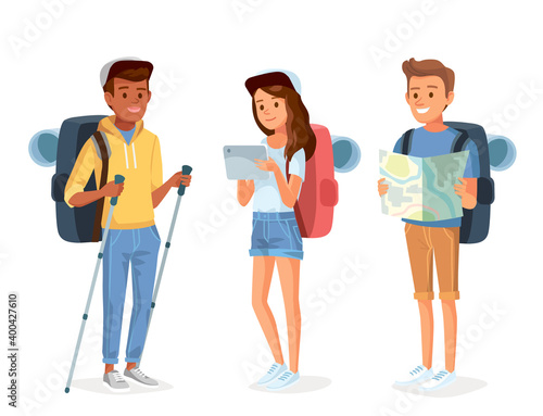 Nordic walking. Set group of young tourists traveling people with travel bag backpacks, map, and trekking equipments going on vacation trip. Travelers portrait collection .Travel and tourism concept.