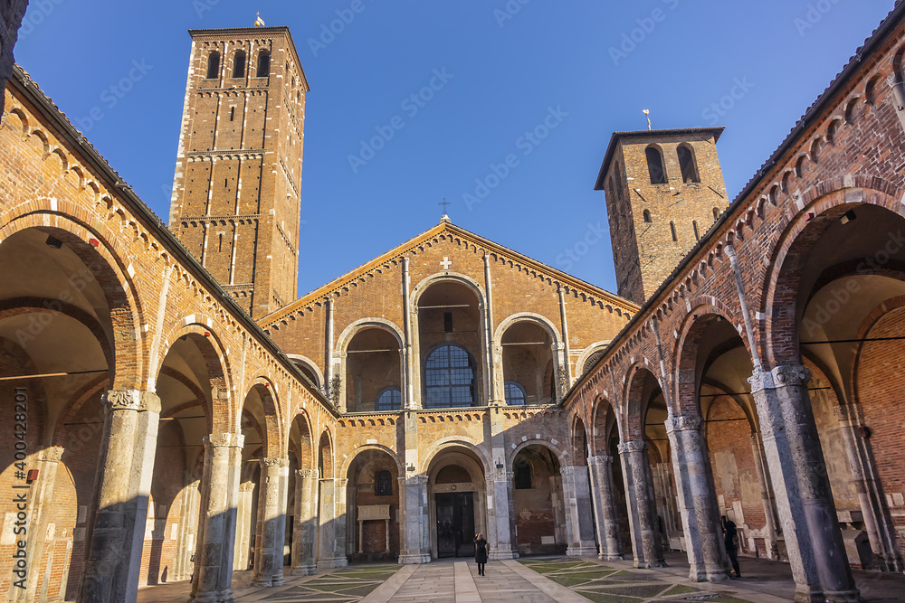 Ancient basilica - church of Sant'Ambrogio (Basilica romana minore collegiata abbaziale prepositurale di Sant'Ambrogio, 1099) in Milan, Italy.