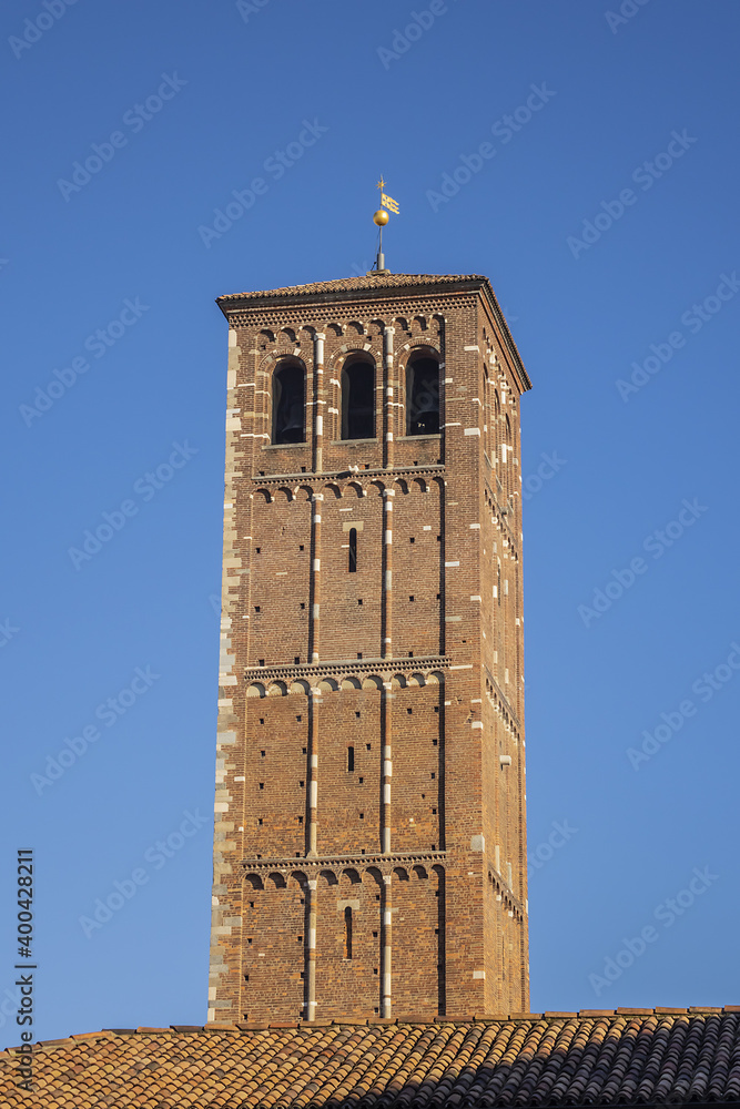 Ancient basilica - church of Sant'Ambrogio (Basilica romana minore collegiata abbaziale prepositurale di Sant'Ambrogio, 1099) in Milan, Italy.