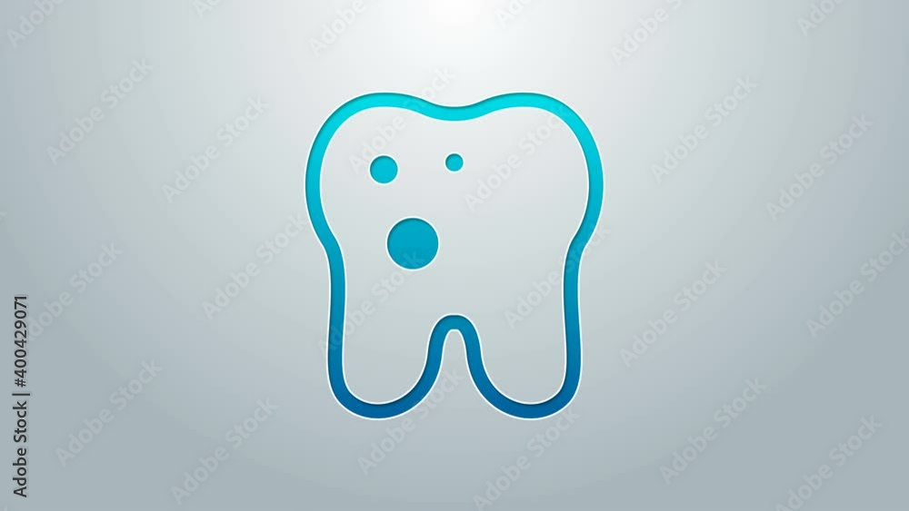 Blue line Tooth with caries icon isolated on grey background. Tooth decay. 4K Video motion graphic animation Blue line Tooth with caries icon isolated on grey background. Tooth decay. 4K Video motion graphic animation
