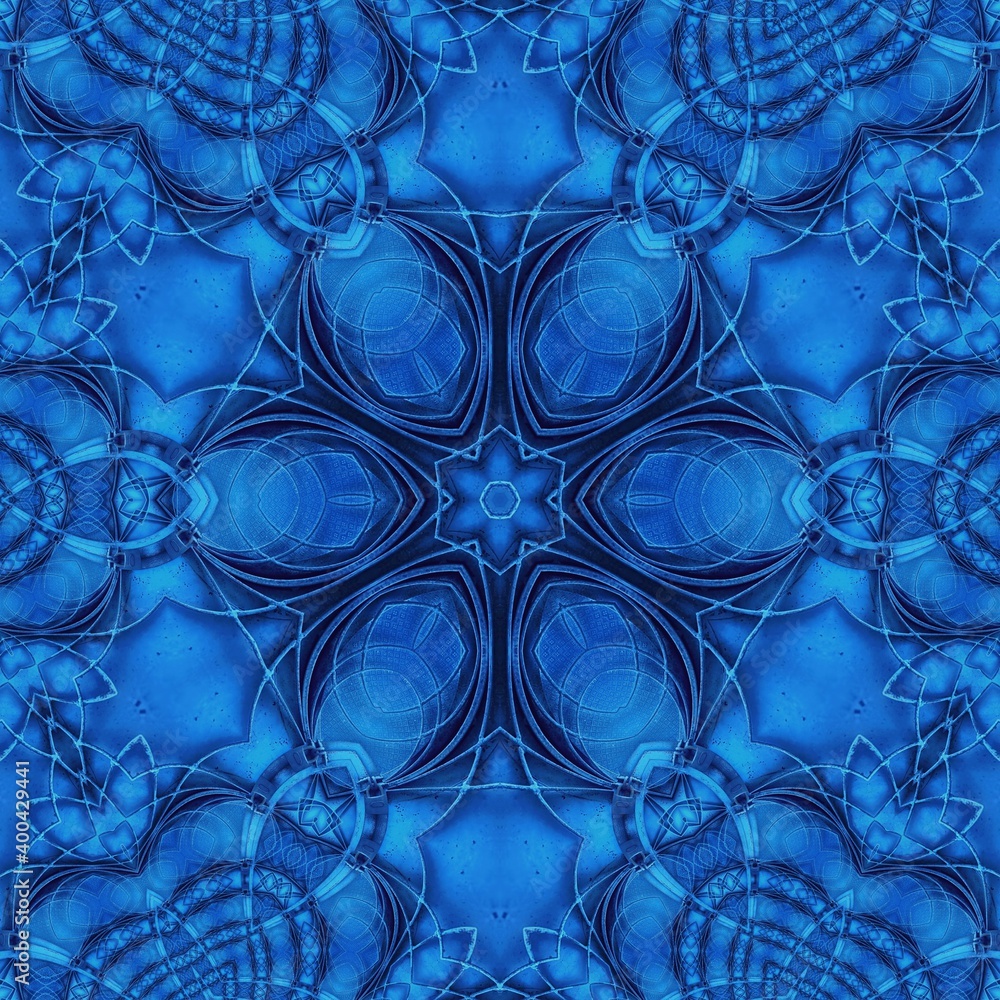 intricate geometric welded metal security gate pattern and hexagonal floral fantasy designs in bright blue colours