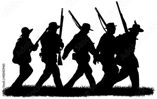 Fotobehang group of american civil war soldiers silhouettes in black on white background ve