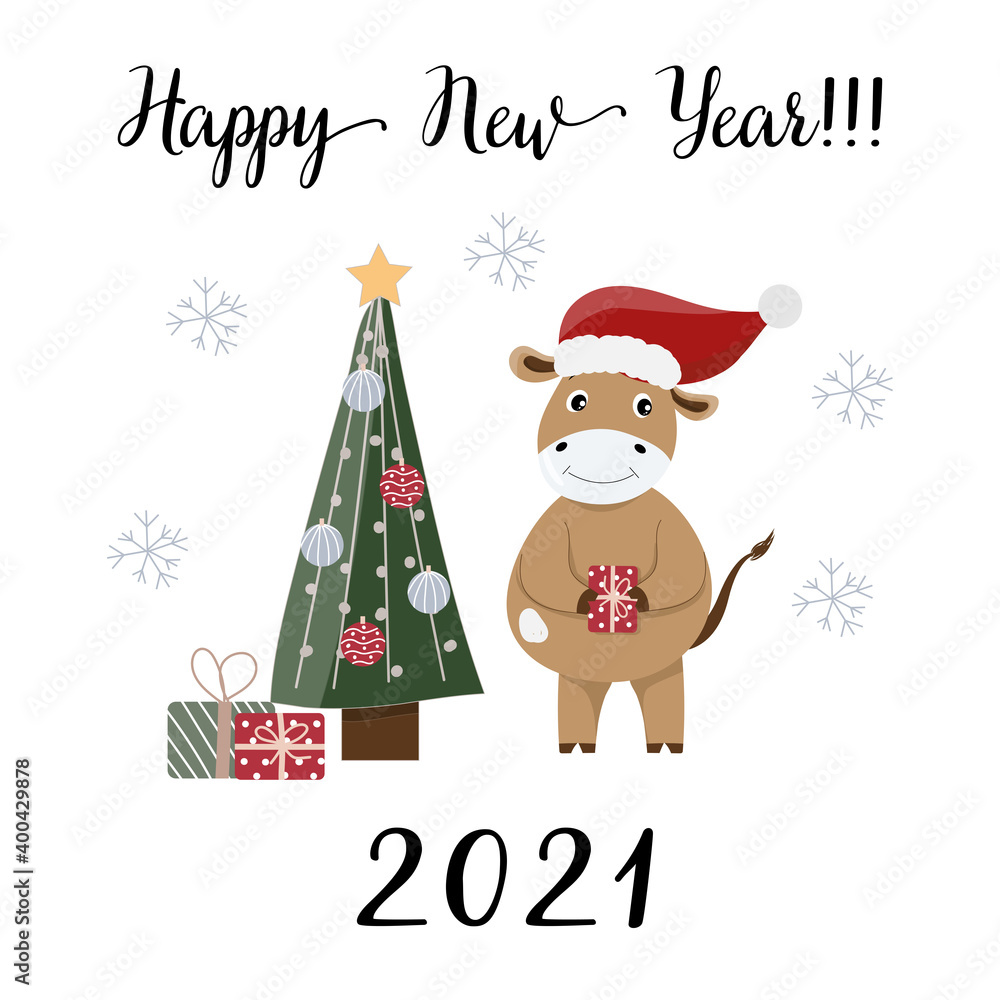 happy new year greeting card. printer for the design of T-shirts, postcards, notebooks. christmas card with bull and tree 2021. gifts, surprise