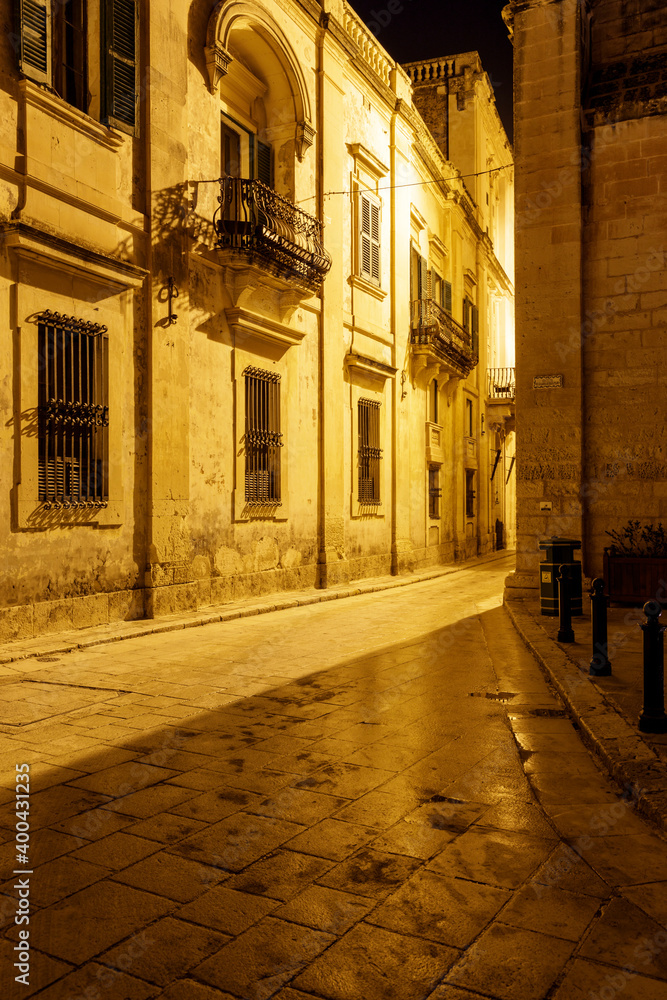 Streets at night in Mdina, Rabat, Malta.