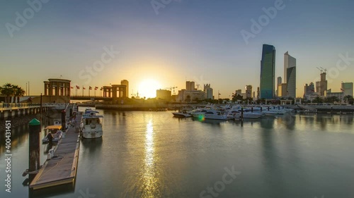 Wallpaper Mural Kuwait City sunrise. Yachts and boats at the Sharq Marina with bridge over harbor timelapse in Kuwait. Middle East. Reflection in the water Torontodigital.ca