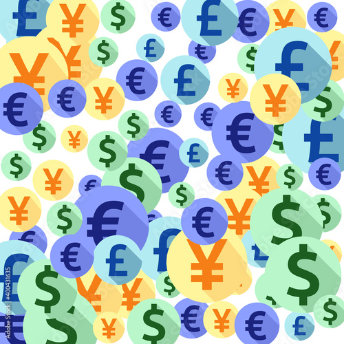 Euro dollar pound yen round symbols scatter money vector background. Deposit backdrop. Currency