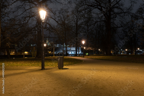 .light from street lights and a pedestrian chopper at night in a park in the Czech Republic