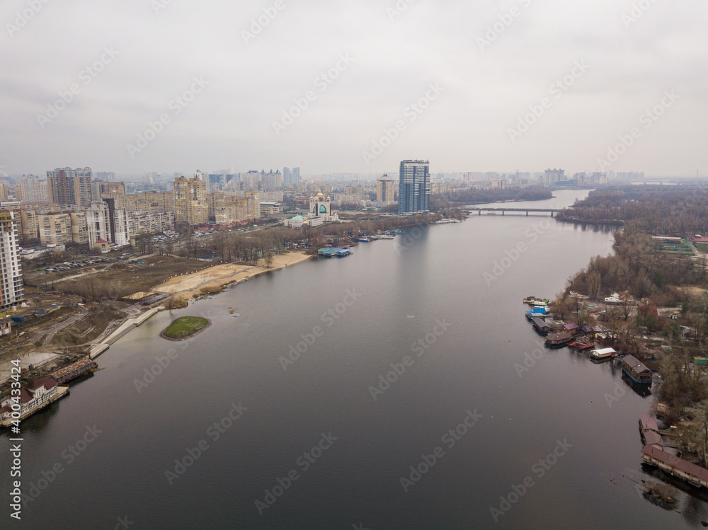 Aerial drone view. Bank of the Dnieper River in Kiev.