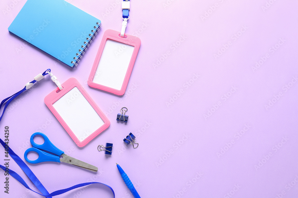 Blank badges and stationery on color background Blank badges and stationery on color background