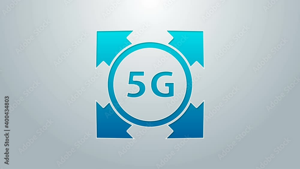 Blue line 5G new wireless internet wifi connection icon isolated on grey background. Global network high speed connection data rate technology. 4K Video motion graphic animation Blue line 5G new wireless internet wifi connection icon isolated on grey background. Global network high speed connection data rate technology. 4K Video motion graphic animation