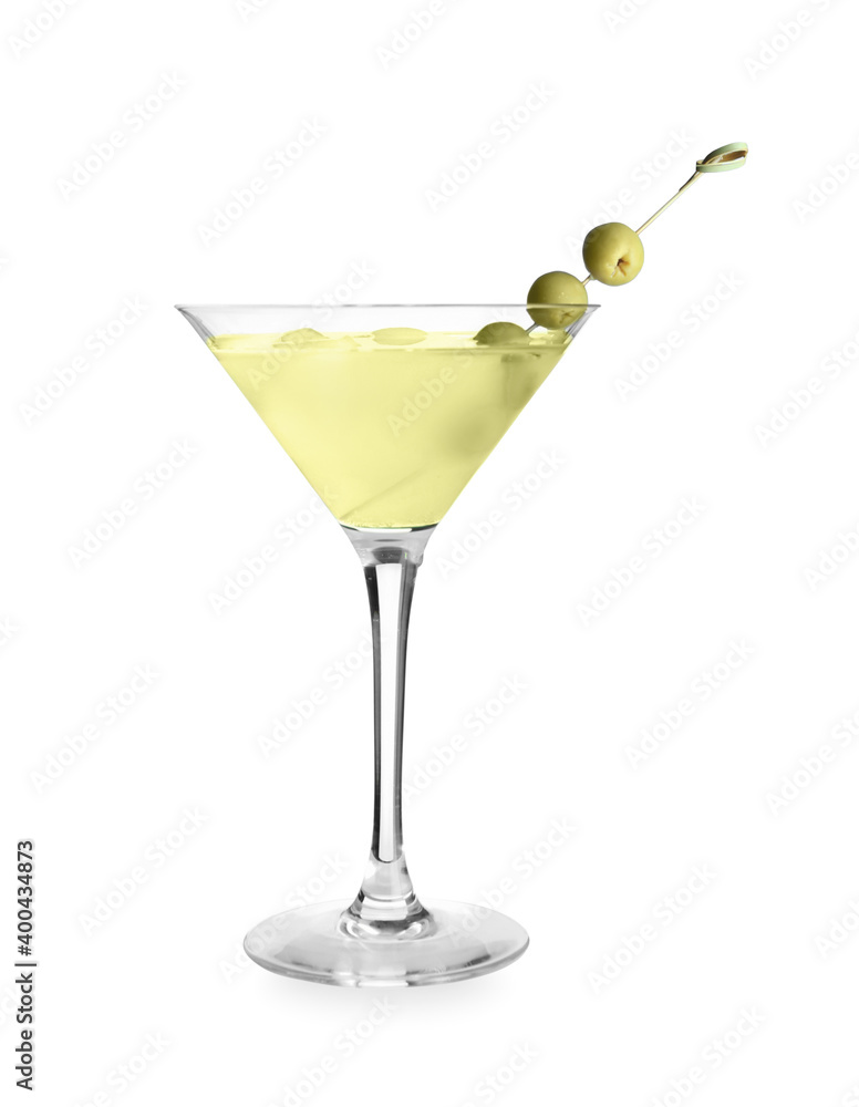 Glass of tasty martini with olives on white background