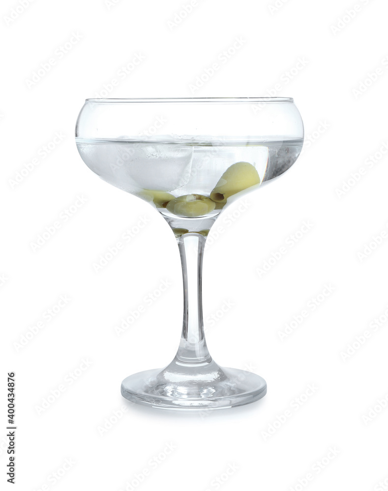 Glass of tasty martini with olives on white background Glass of tasty martini with olives on white background