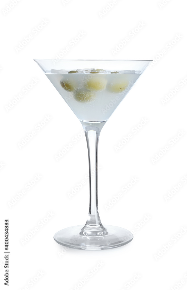 Glass of tasty martini with olives on white background