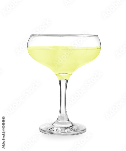 Glass of tasty martini on white background