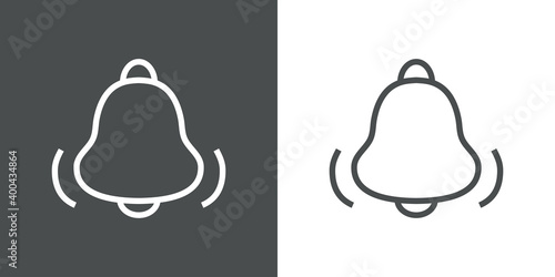 Logotipo timbre de alarma. Icono campana con olas con lineas en fondo gris y fondo blanco