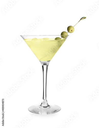 Glass of tasty martini with olives on white background