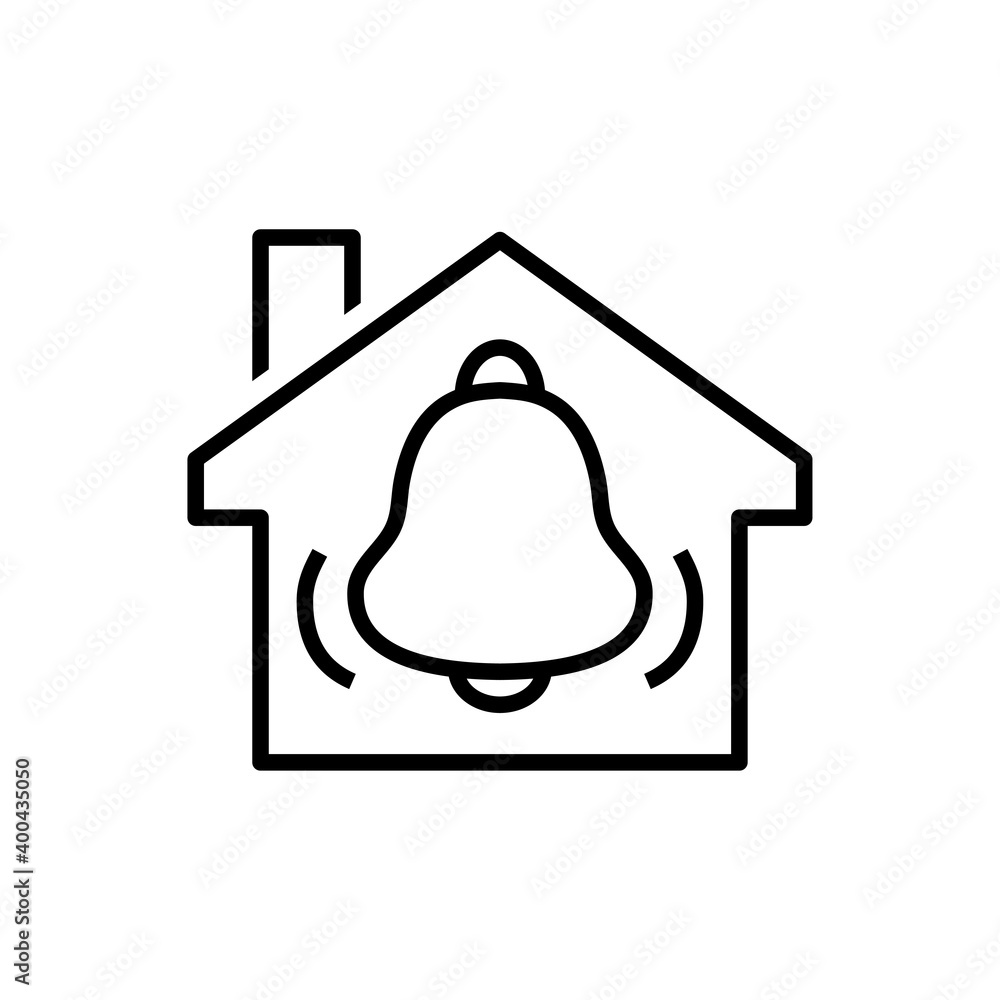 Seguridad en el hogar. Logotipo casa con campana de alarma con olas con lineas en color negro Seguridad en el hogar. Logotipo casa con campana de alarma con olas con lineas en color negro