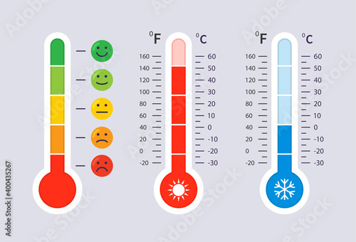 Celsius and Fahrenheit thermometers. Vector.