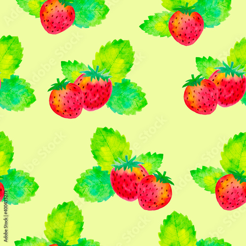 Seamless pattern with strawberries, watercolor illustration