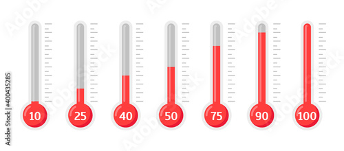 Set of thermometers in percentage with different levels, vector illustration