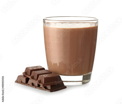 Glass of tasty chocolate milk on white background