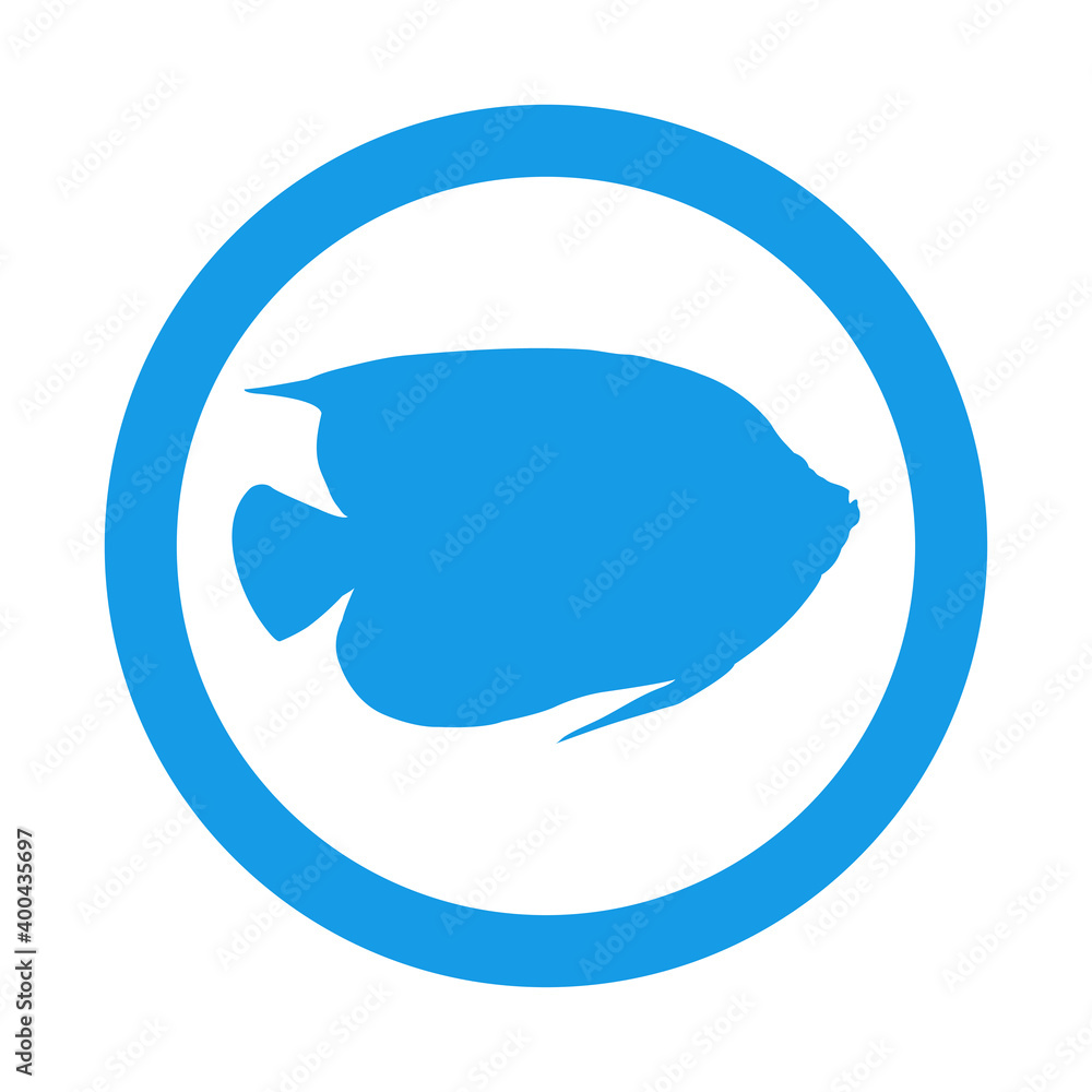 Peces tropicales. Icono silueta pez ángel en círculo color azul Peces tropicales. Icono silueta pez ángel en círculo color azul