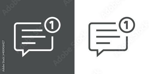 Aviso de nuevo mensaje. Logotipo con burbuja de habla con número 1 en círculo con lineas en fondo gris y fondo blanco