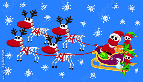 Vector Christmas illustration of skeleton Santa Claus and elves with face masks on the sleigh pulled by skeleton reindeers with face masks 