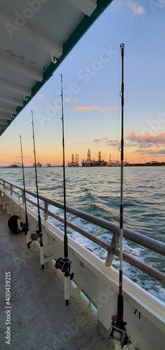 A fishing boat is ready for departure in a port of Galveston