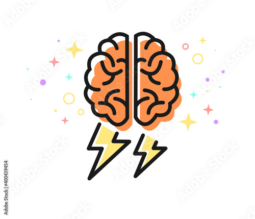 Human brain and lightning bolt icon for brainstorming techniques to generate creative ideas. Flat filled outline style. Editable vector.
